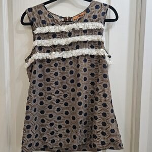 Tory Burch Brown and Navy Geometric Sleeveless Blouse with White Fringe